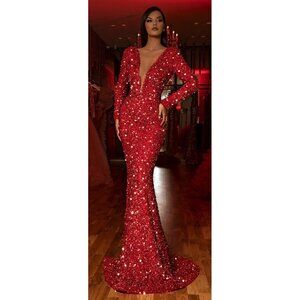 ALBINA DYLA RED EMBELLISHED LONG-SLEEVE DRESS WITH V-NECKLINE